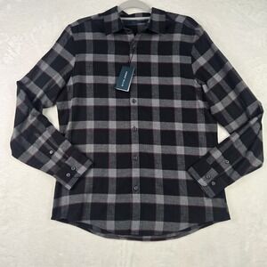 NWT Perry‎ Ellis Mens Black Gray Red Plaid Shirt Sz Medium Button Up Long Sleeve